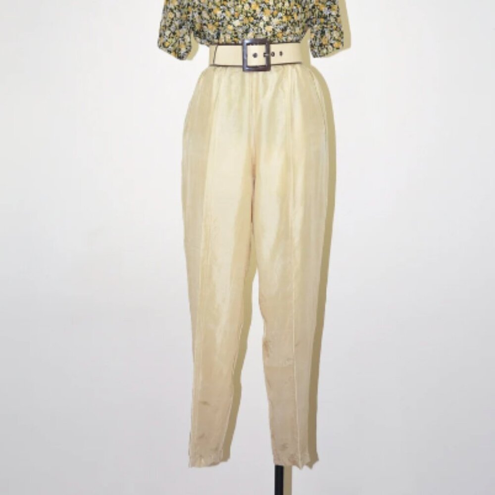 90s silk shantung trousers / 1990s ecru tapered pants / high waisted front creas